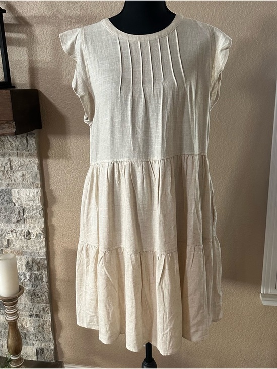 new in Dresses & Skirts - NEW IN beige linen blend tiered dress women’s M pockets BOHO airy summer
